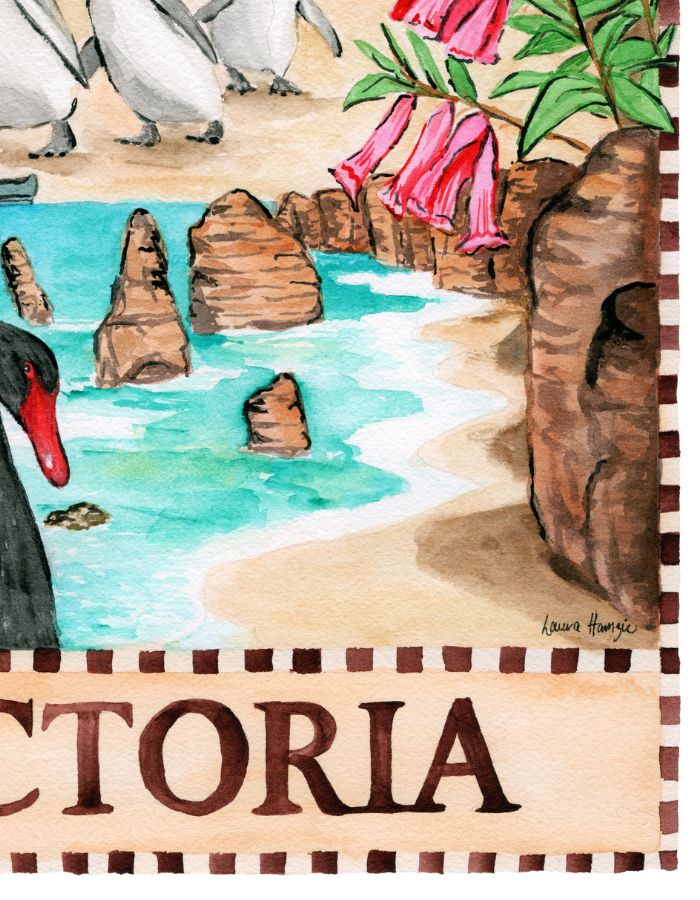 Australia Victoria souvenir print inspired by city life, arts and coastal landscapes