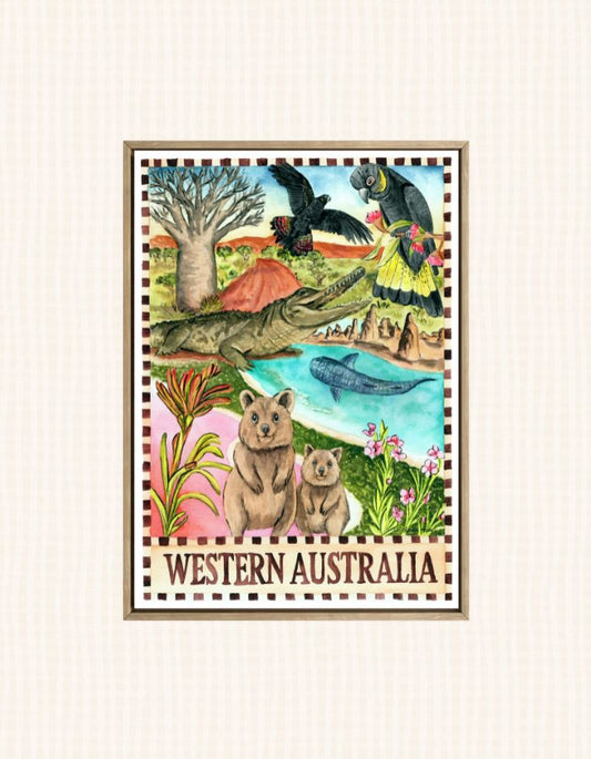 Western Australia souvenir art print featuring wildflowers, coastline and open landscapes in watercolour