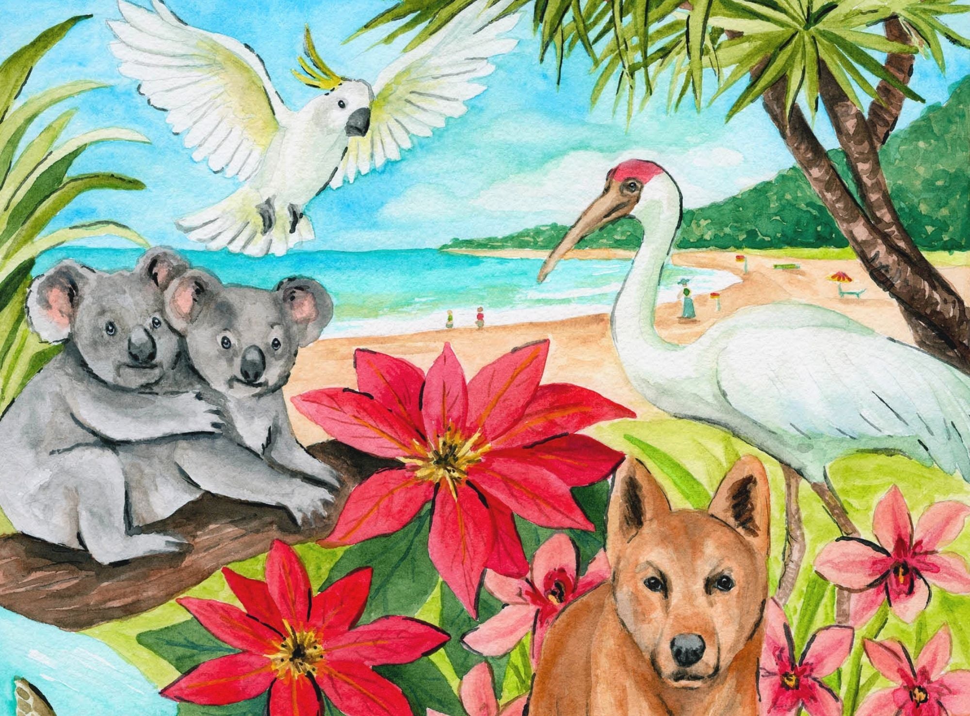 Illustration of koalas, a dingo, and a cockatoo with tropical flowers and a beach background. This is Australia