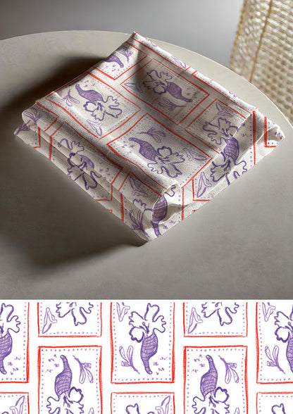Tea towel mockup displaying the Purple Rain pattern by Laura Hamzic, Australian surface pattern designer