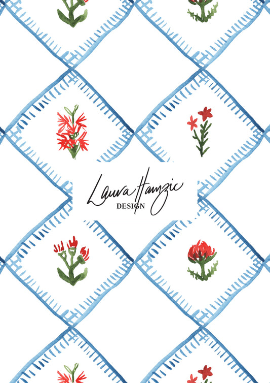 Hand-illustrated quilted floral design in a diamond blanket stitch style pattern — Quilted Blooms pattern