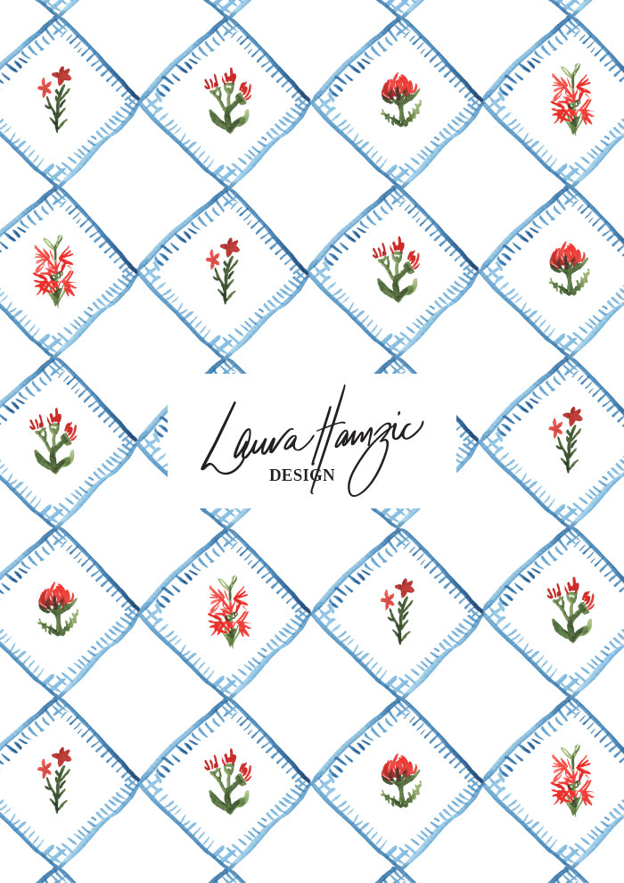 Hand-illustrated quilted floral design in a diamond blanket stitch style pattern — Quilted Blooms pattern