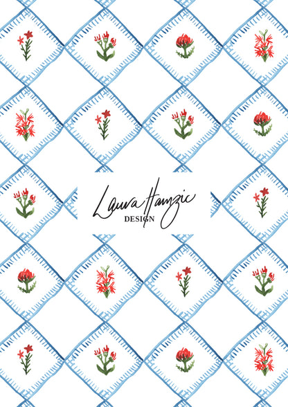 Hand-illustrated quilted floral design in a diamond blanket stitch style pattern — Quilted Blooms pattern