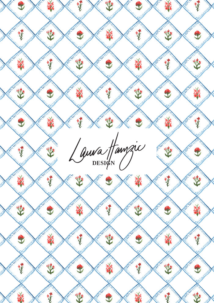 Hand-illustrated quilted floral design in a diamond blanket stitch style pattern — Quilted Blooms pattern
