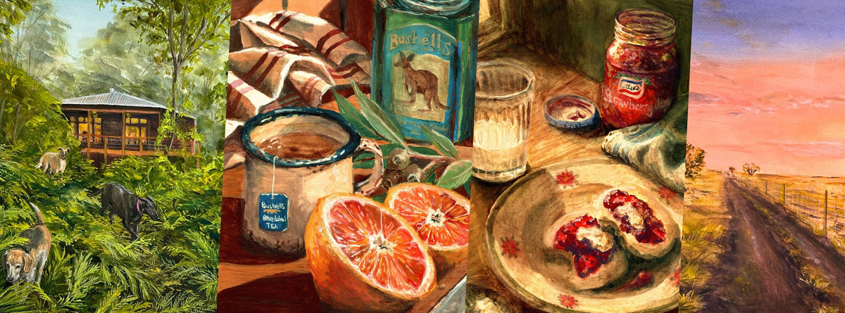 A triptych-style artwork showing three vertical scenes: a forest cabin with animals on the left, a rustic kitchen table with mugs, fruit, and a jar in the middle, and a sunset road with a fence on the right.