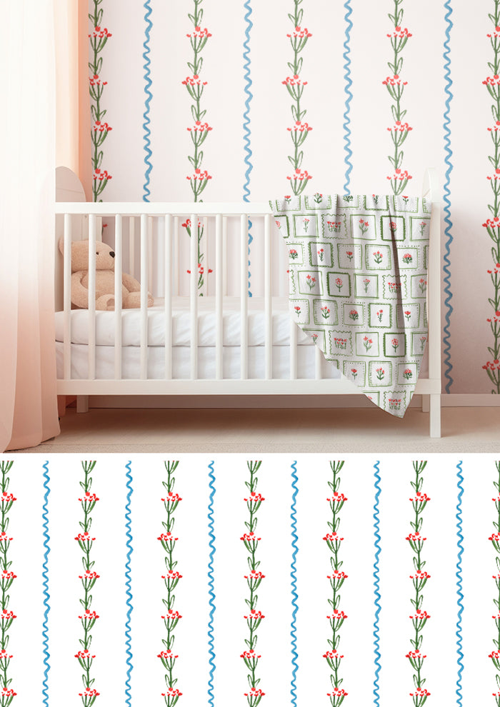 Watercolour floral and stripe pattern by Australian Artist and Surface Pattern Designer Laura Hamzic – Ribbons and Blooms wallpaper paired with Patchwork Garden blanket