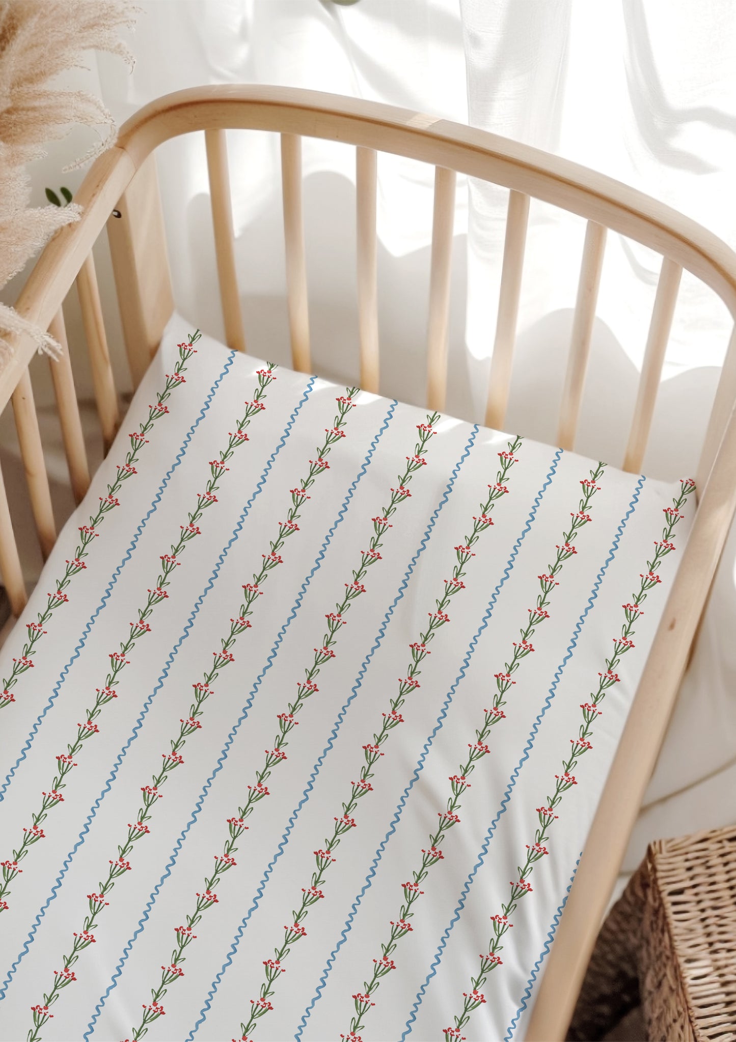 A delicate watercolour pattern for baby cot sheets featuring little flowers and ribbons artwork by Laura Hamzic Brisbane Surface Pattern Designer