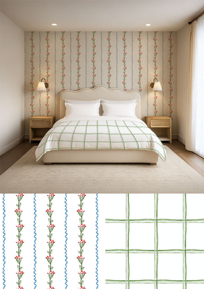 Gentle garden trellis inspired bedding featuring a watercolour check— bedding surface pattern design.