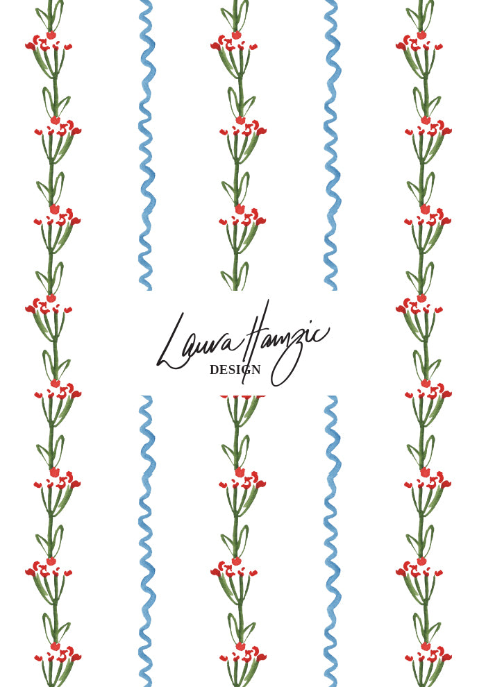 Watercolour floral and stripe pattern by Australian Artist and Surface Pattern Designer Laura Hamzic – Ribbons and Blooms 