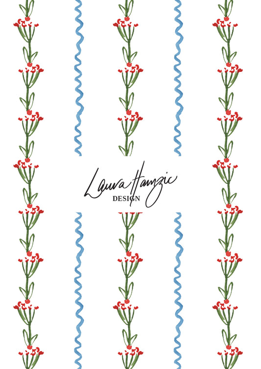 Watercolour floral and stripe pattern by Australian Artist and Surface Pattern Designer Laura Hamzic – Ribbons and Blooms 