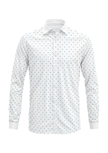 Denim Sea Petal pattern on men's long-sleeve shirt mockup. Pattern design by Laura Hamzic, Australian Artist.
