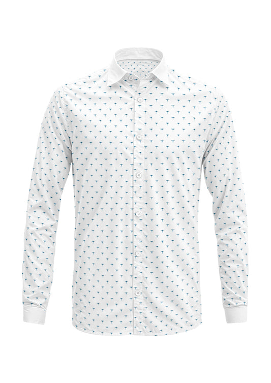 Denim Sea Petal pattern on men's long-sleeve shirt mockup. Pattern design by Laura Hamzic, Australian Artist.