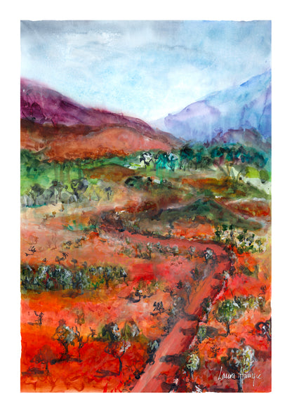 Watercolour art prints of the Flinders Ranges, South Australia - depicting a lonely road cutting through the middle of the bush as you drive towards the ranges - painted by Laura Hamzic