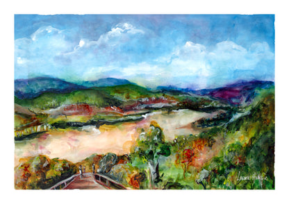 Watercolour art prints of Nathan Gorge, Queensland, Australia - a beautiful landscape in earthy, warm  colours looking over the vibrant colours of the bush - painted by Laura Hamzic