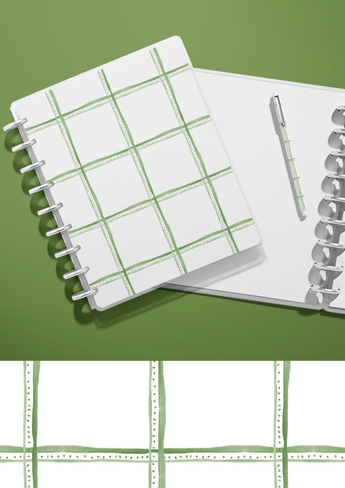 Hand-illustrated notebook with watercolour check pattern — Spring Squares pattern, simple stationery design.