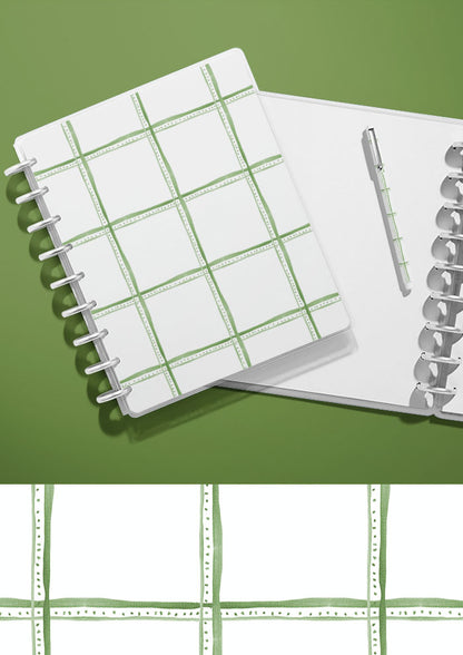Hand-illustrated notebook with watercolour check pattern — Spring Squares pattern, simple stationery design.
