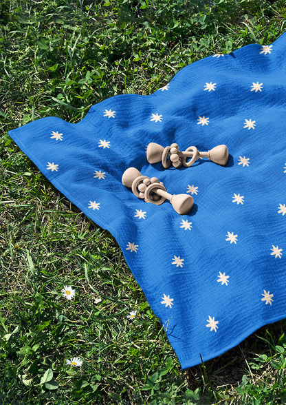 Baby swaddle with Star Bright whimsical pencil-drawn star pattern – inspired by night skies on camping trips, Australian children’s outdoor product design, playful kids’ surface pattern.