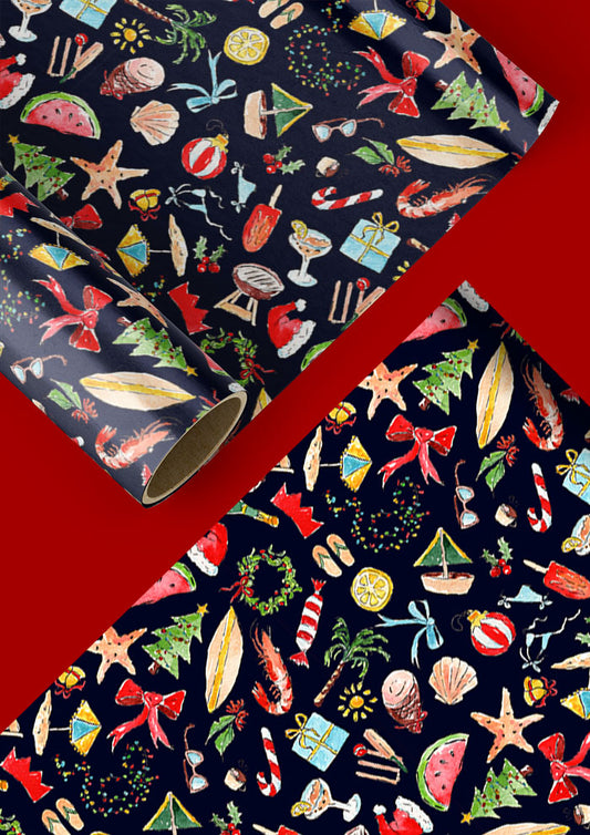 Summer Christmas wrapping paper design by Australian Artist Laura Hamzic featuring beachy coastal Christmas motifs - ice cream, bows, candy canes, beach umbrellas, palm trees, holiday vibes