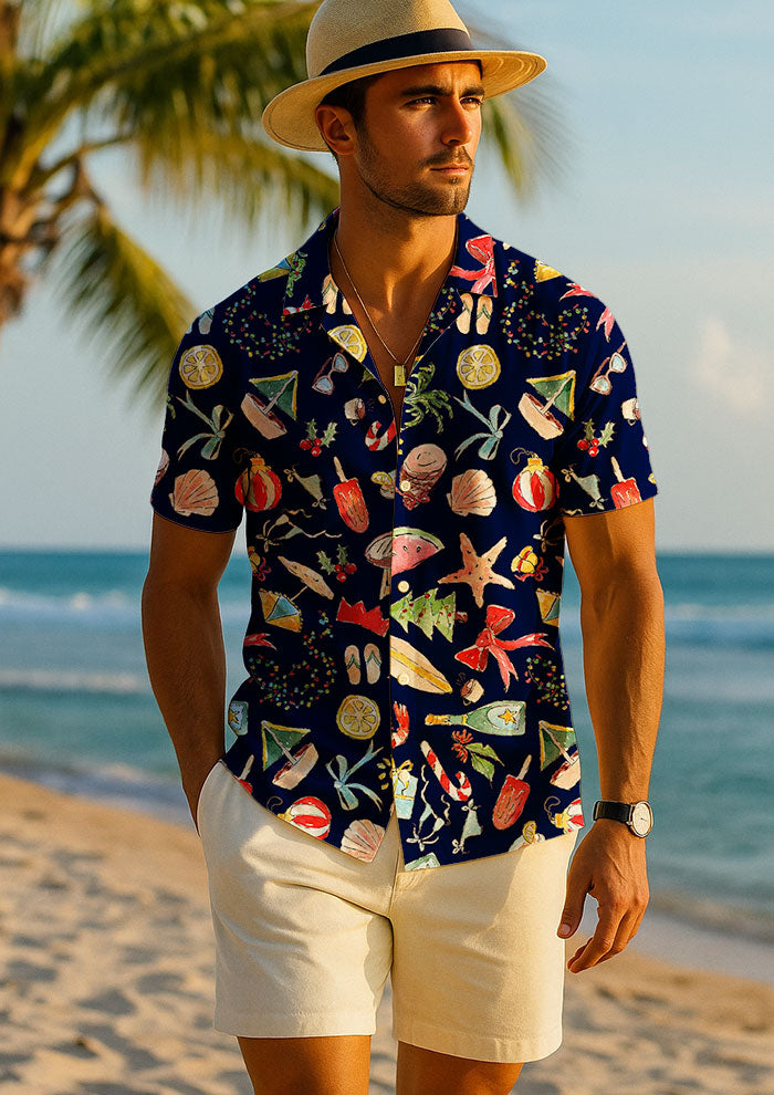 Summer Christmas Mens Shirt pattern design by Australian Artist Laura Hamzic featuring beachy coastal Christmas motifs - ice cream, bows, candy canes, beach umbrellas, palm trees, holiday vibes
