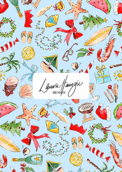 Patterned design with various summer christmas-themed items on a light blue background, designed by Australian Surface Pattern Designer Laura Hamzic