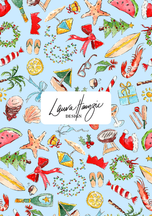 Patterned design with various summer christmas-themed items on a light blue background, designed by Australian Surface Pattern Designer Laura Hamzic