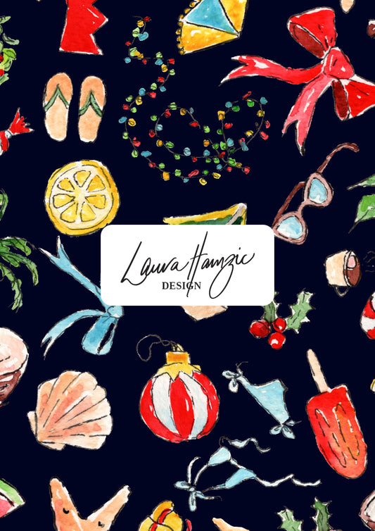 Summer Christmas pattern design by Australian Artist Laura Hamzic featuring beachy coastal Christmas motifs - ice cream, bows, candy canes, beach umbrellas, palm trees, holiday vibes
