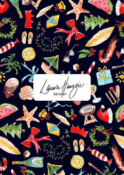 Summer Christmas pattern design by Australian Surface Pattern Designer Laura Hamzic featuring beachy coastal Christmas motifs - ice cream, bows, candy canes, beach umbrellas, palm trees, holiday vibes