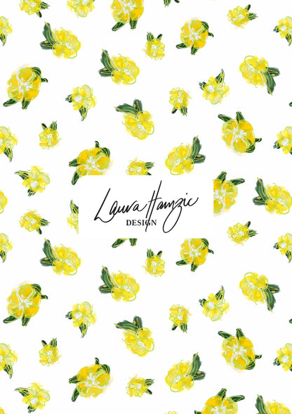  Laura Hamzics Sun Sprinkle pattern design - Yellow blossoms on white in a medium scale