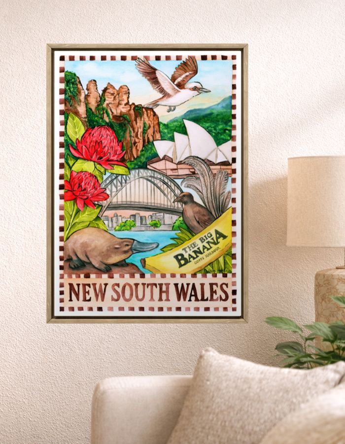 New South Wales Australia souvenir art print featuring Sydney icons and coastal landmarks in watercolour