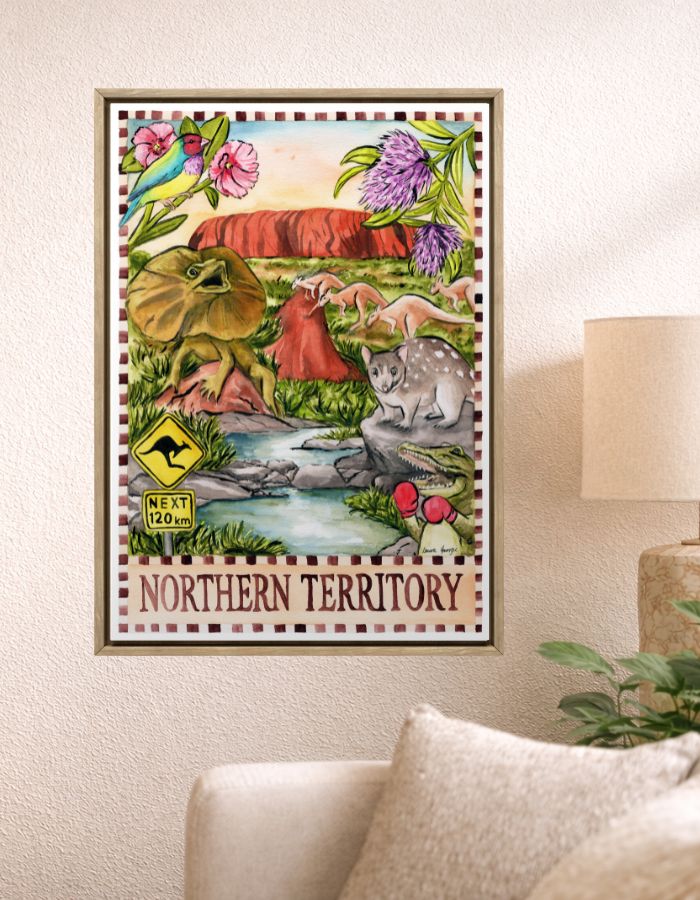 Northern Territory souvenir art print featuring red desert landscapes and iconic outback elements