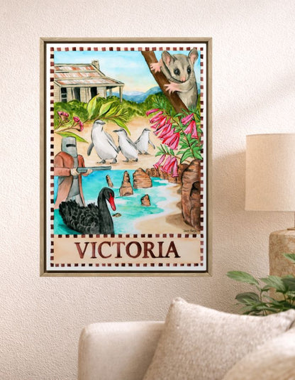 Victoria Australia watercolour painting finished vintage travel poster style Australian wall art print by Australian Artist Laura Hamzic. Nostalgic tourism Victoria