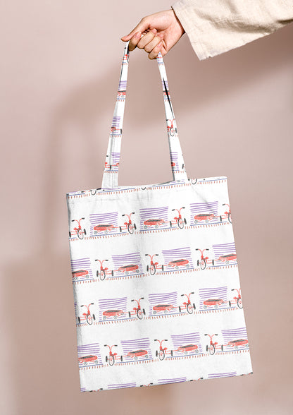 Tote bag mockup with the Trike Tracks pattern by Laura Hamzic, Australian surface pattern designer