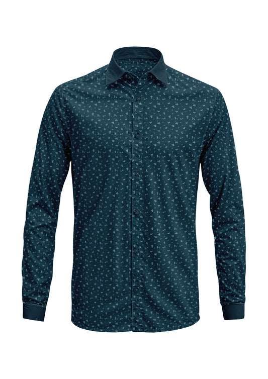 Australian Mens shirt pattern design by Laura Hamzic - Wanderbloom features playful watercolour eucalypt blossoms scattered organically across the surface