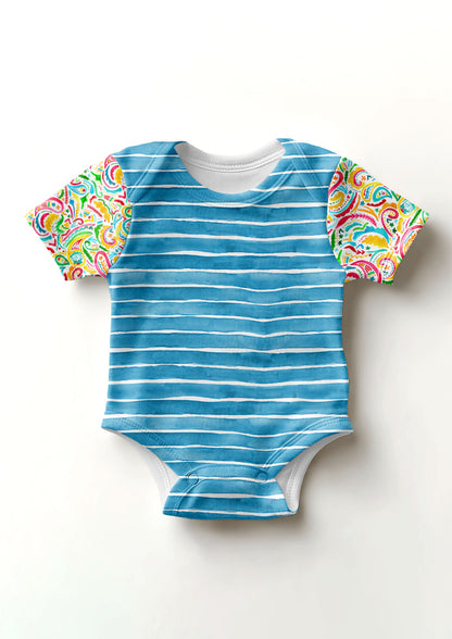 Denim Washed Stripe pattern on baby onesie mockup with Paisley Days sleeves. Pattern design by Laura Hamzic, Australian Artist.