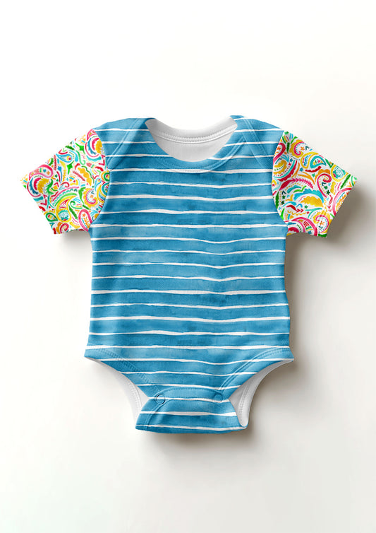 Denim Washed Stripe pattern on baby onesie mockup with Paisley Days sleeves. Pattern design by Laura Hamzic, Australian Artist.