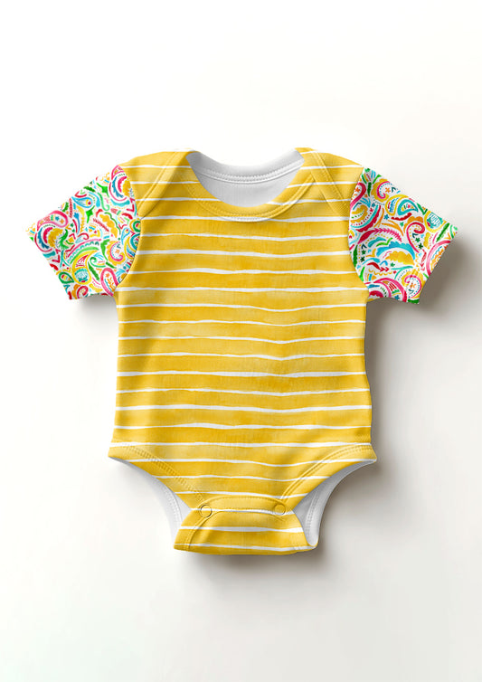 Rainbow Paisley Days pattern on white, baby onesie sleeves with Washed Stripe body. Pattern design by Laura Hamzic, Australian Artist.