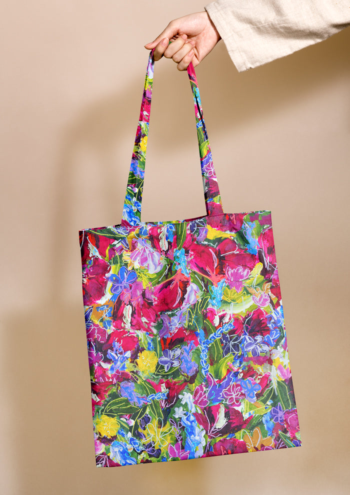 Tote bag mockup featuring the Wild Blooms pattern by Laura Hamzic, Australian surface pattern designer