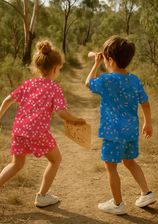 Children’s clothing featuring X Marks the Spot and Where they Roam – bold and playful pencil marks inspired by treasure maps, adventurous Australian kidswear fabric design.