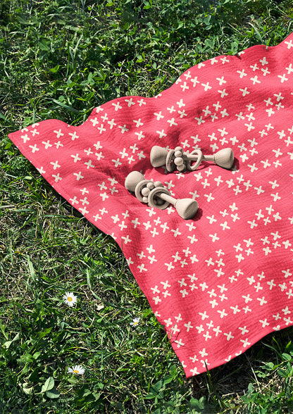 Swaddle with X Marks the Spot playful sketchy X pattern – bold hand-drawn pencil marks inspired by treasure hunts and bush adventures, Australian children’s outdoor design.