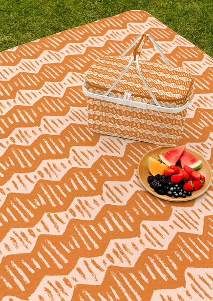 Picnic mat with Zig Zag Track energetic zig-zag surface pattern – inspired by winding bushwalks, coloured pencil texture, playful outdoor kids’ design, Australian pattern design.