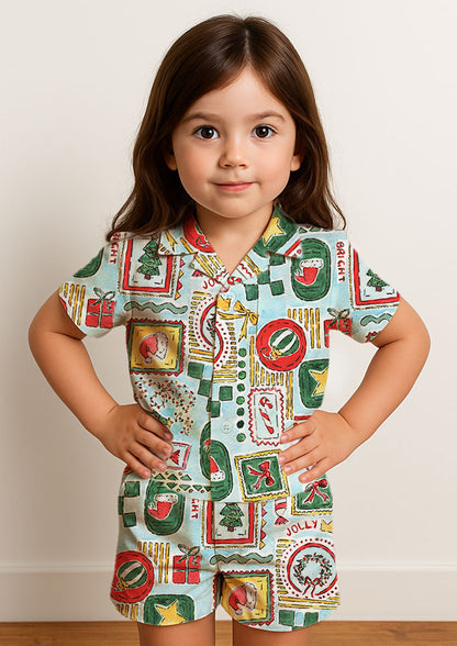 Christmas pj design with Santa Hats, trees, bows and stars in frames. Australian Christmas Surface Pattern Design by Brisbane Artist Laura Hamzic
