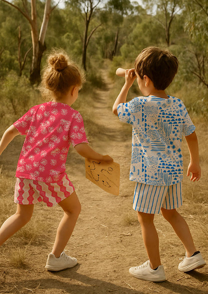 Children’s clothing featuring Mud Map, Flicker Flower, Zig Zag Track and Sandy Stripe -  whimsical pencil mark surface patterns – Australian bush adventure, cubby houses, playful and nature-inspired kidswear fabric.