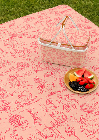 Picnic mat with Australian animal surface pattern – fine liner ink drawings of wombats, kangaroos, emus, and bush creatures. Playful Australiana outdoor textile design.