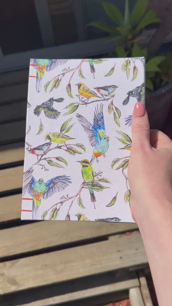 Watercolour sketchbook with Table Talk Australian birds and foliage, perfect for drawing and painting