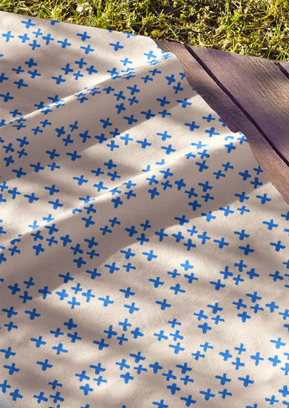 Cotton fabric featuring X Marks the Spot pencil-drawn X shapes – bold sketchy pattern inspired by bush maps and treasure hunts, adventurous Australian kidswear fabric design.