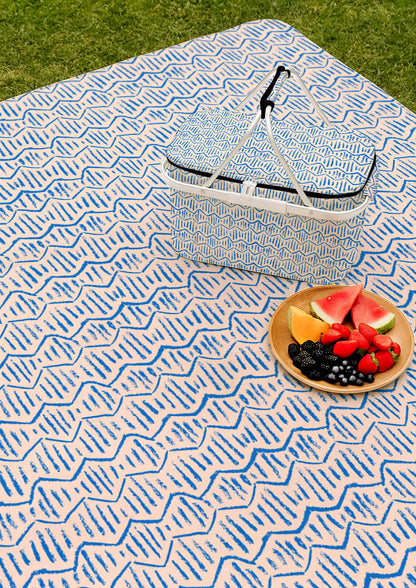 Picnic mat with Zig Zag Track energetic zig-zag surface pattern – inspired by winding bushwalks, coloured pencil texture, playful outdoor kids’ design, Australian pattern design.