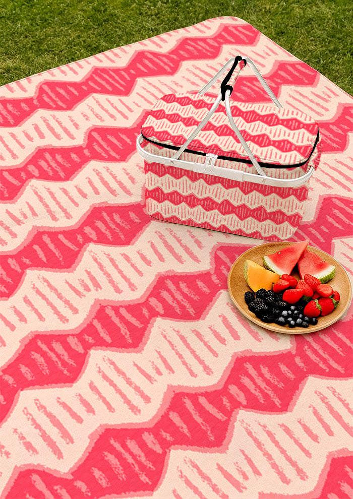 Picnic mat with Zig Zag Track energetic zig-zag surface pattern – inspired by winding bushwalks, coloured pencil texture, playful outdoor kids’ design, Australian pattern design.