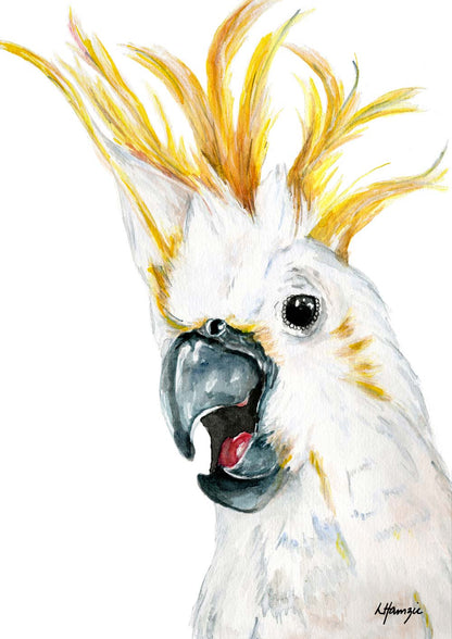 Australian Animal - Yellow-Crested Cockatoo bird captured in watercolour by Australian Artist Laura Hamzic