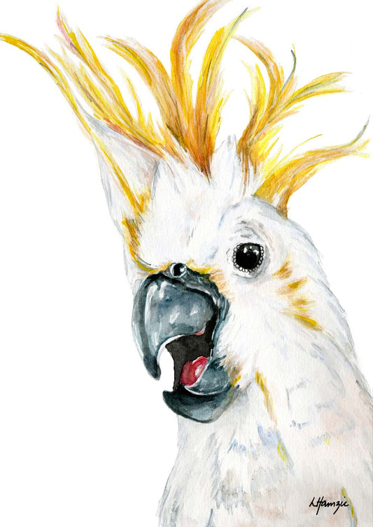 Australian Animal - Yellow-Crested Cockatoo bird captured in watercolour by Australian Artist Laura Hamzic