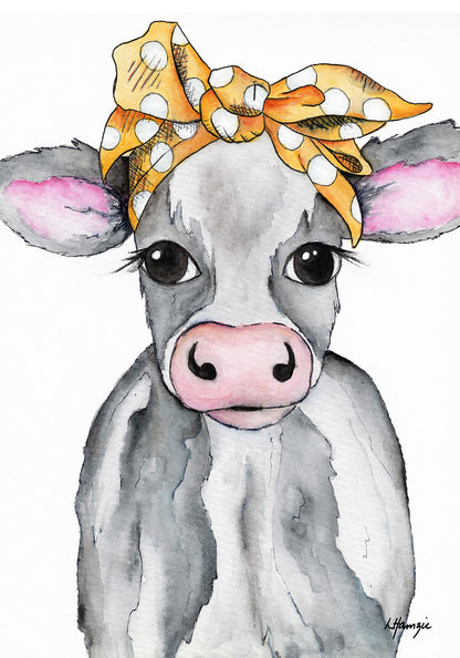 Black and white Cow with mustard spotted headscarf accessory captured in watercolour by Australian Artist Laura Hamzic